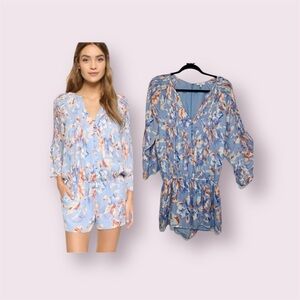 Joie Silk Floral Romper Long Bell Sleeves Blue Pink Size Large
